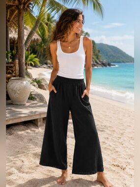 Shade & Shore Black Cotton Gauze Wide Leg Cropped Pants Size L